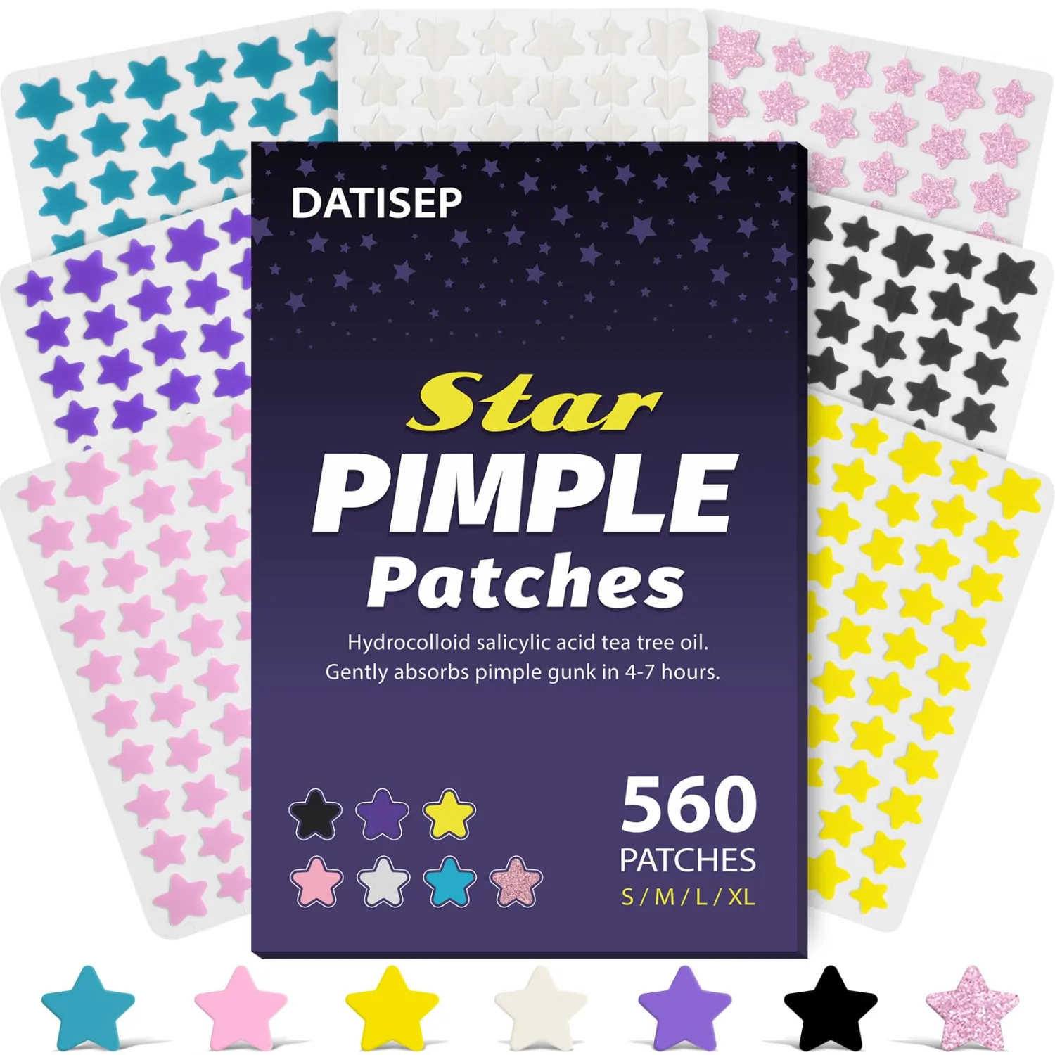 Pimple Patches for Face, 560 Counts Star Acne Patches, 7 Colors Cute Spot Stickers for Zits, Hydrocolloid Breakouts with Salicylic Acid, Tea Tree Oil & Calendula Oil (8mm, 10mm, 12mm & 14mm)