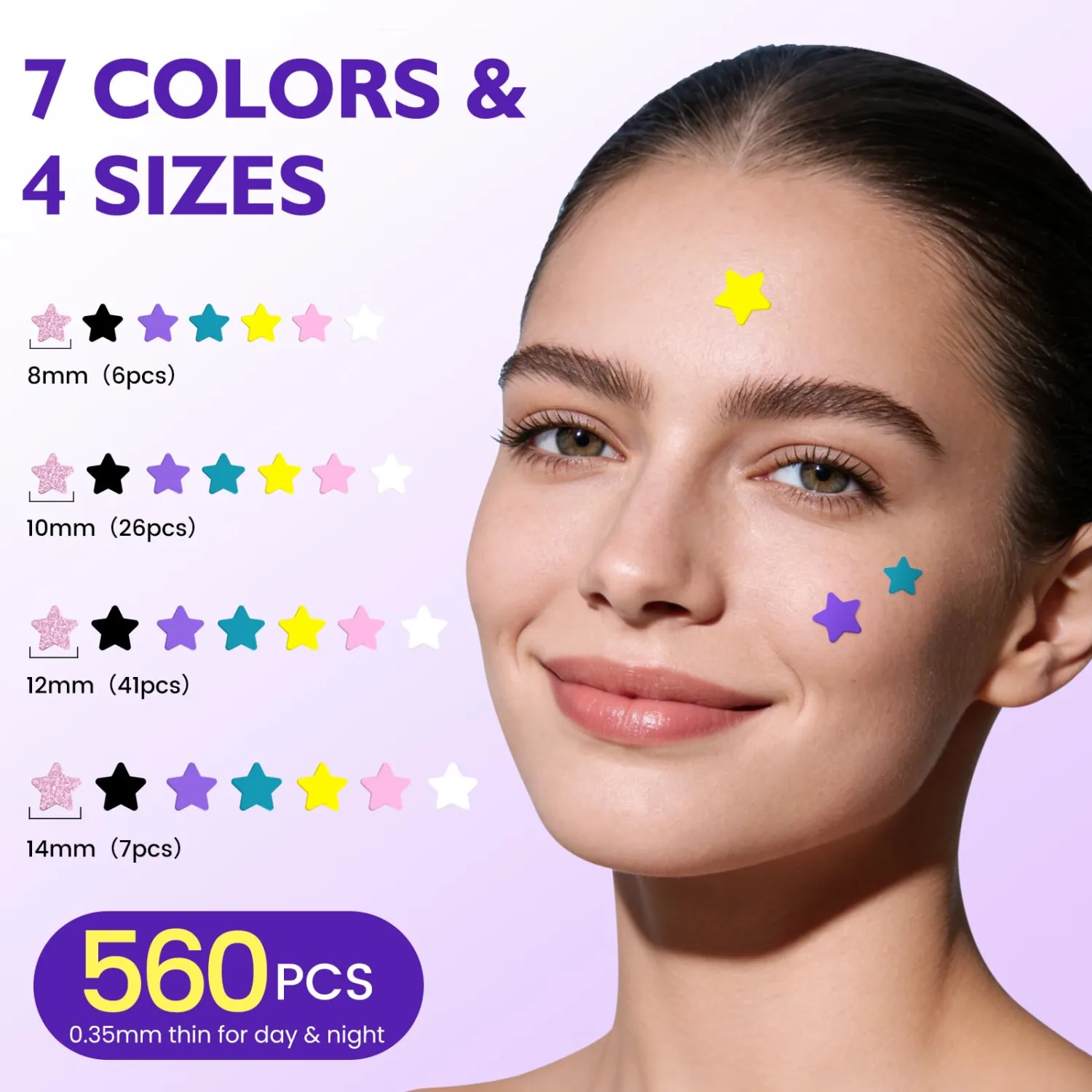 Pimple Patches for Face, 560 Counts Star Acne Patches, 7 Colors Cute Spot Stickers for Zits, Hydrocolloid Breakouts with Salicylic Acid, Tea Tree Oil & Calendula Oil (8mm, 10mm, 12mm & 14mm)