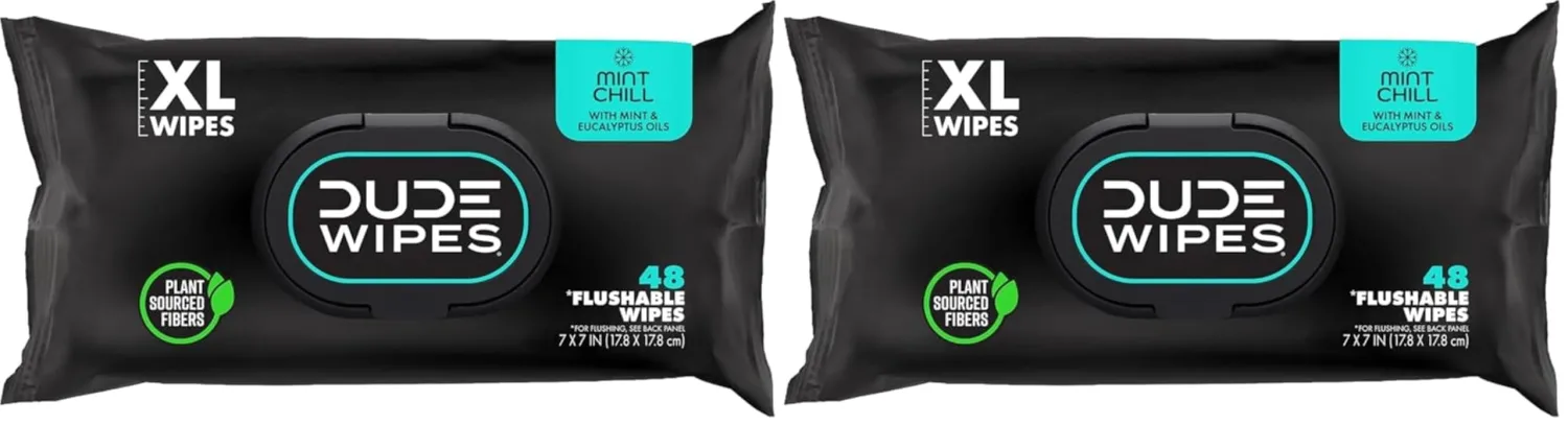 DUDE Wipes, 48 Wipes, 2 Pack | Flushable | Mint Chill | Extra-Large | Eucalyptus & Tea Tree Oil