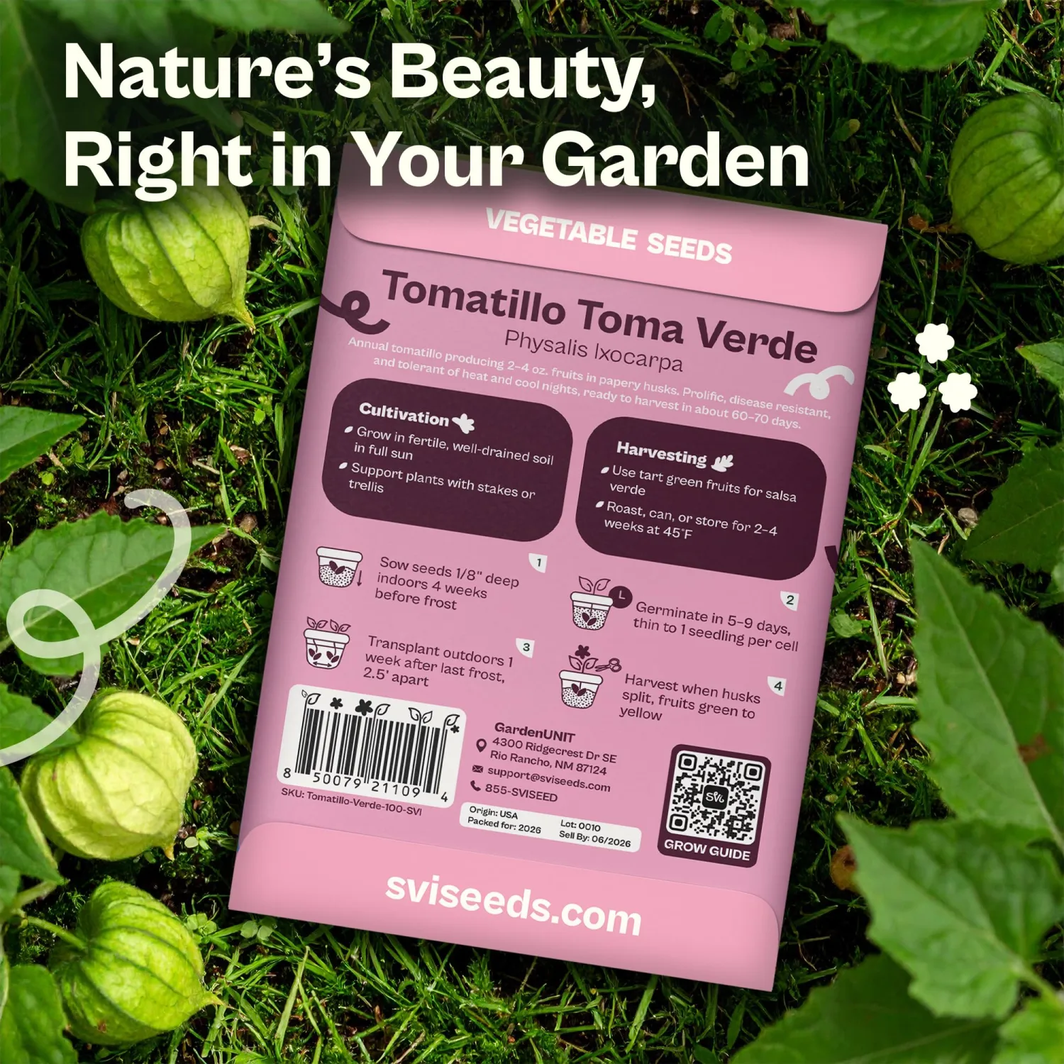 SVI 100 Toma Verde Tomatillo Seeds for Planting (Physalis ixocarpa) – Mexican Tomatillo Salsa Verde Favorite, Prolific 2–4oz Tomatillos – Heirloom Vegetable Seeds for Outdoor & Indoor Garden