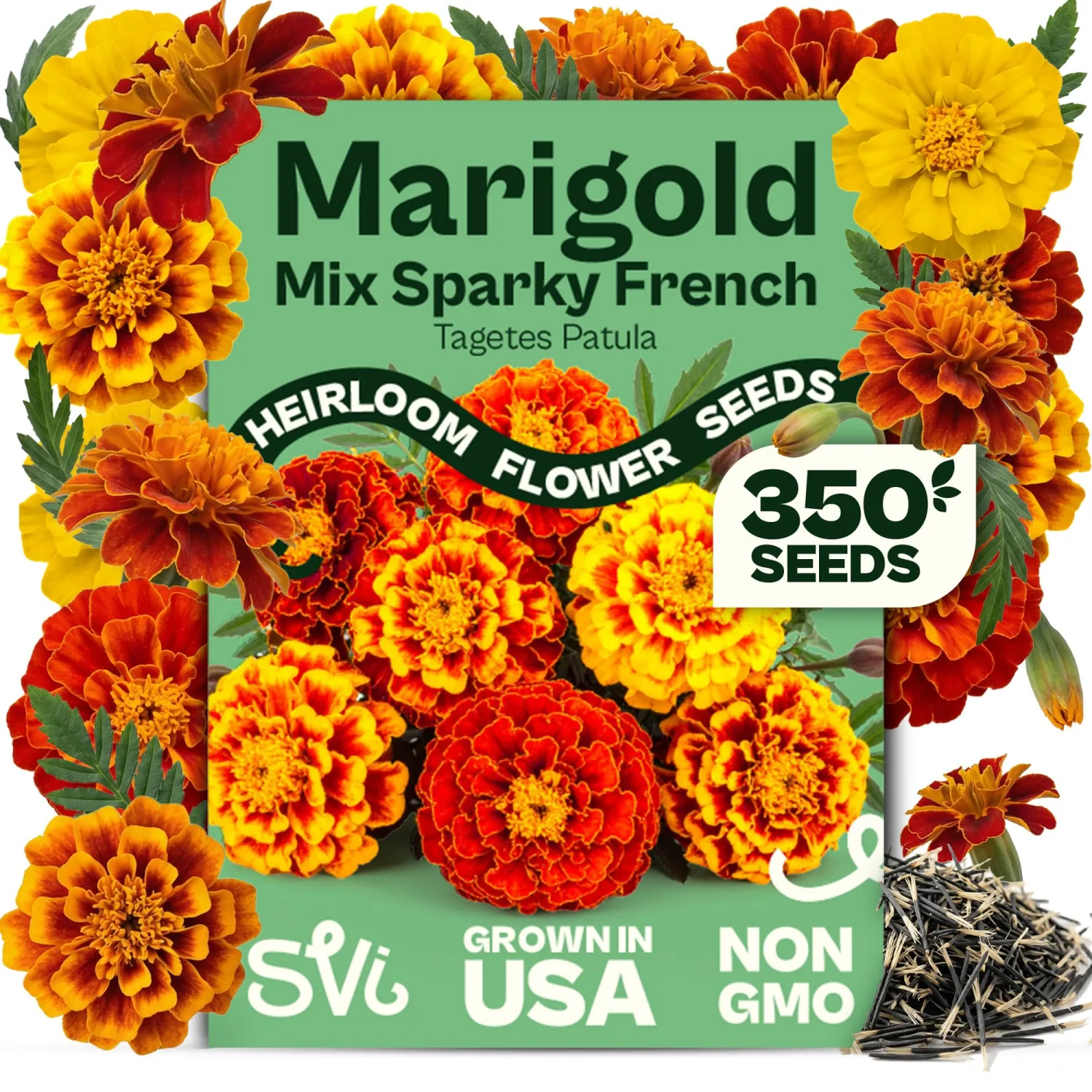 SVI 350 Sparky Mix French Marigold Seeds (Tagetes patula) – Dwarf Yellow and Orange Marigold Flowers Seed Packets, Marigolds Seed Mix – Heirloom Cut Flower Seeds for Outdoor Garden Borders, Containers
