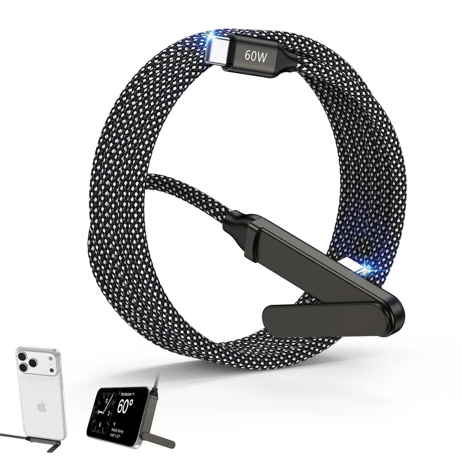USB C to USB C Cable, 60W Fast Charging Cable with Built-in Phone Stand