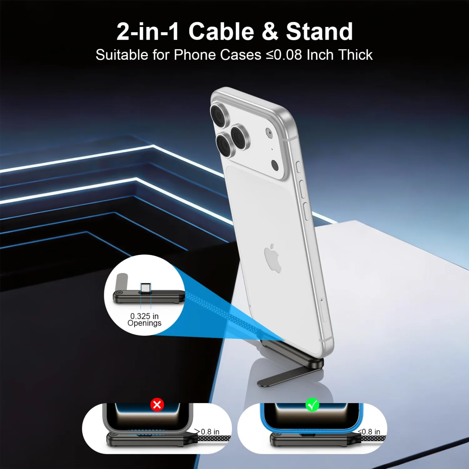 Invisible Holder Charger Cable, 60W USB C Flat Phone Charger, 10FT, Black