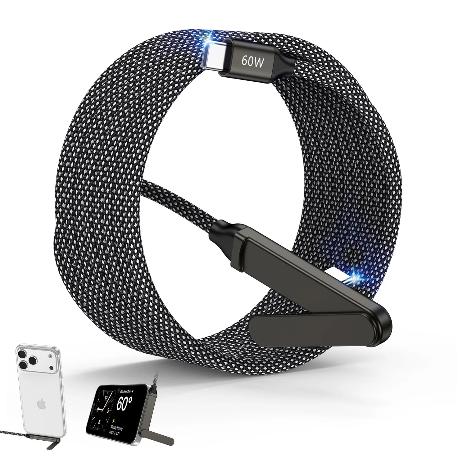 Invisible Holder Charger Cable, 60W USB C Flat Phone Charger, 10FT, Black