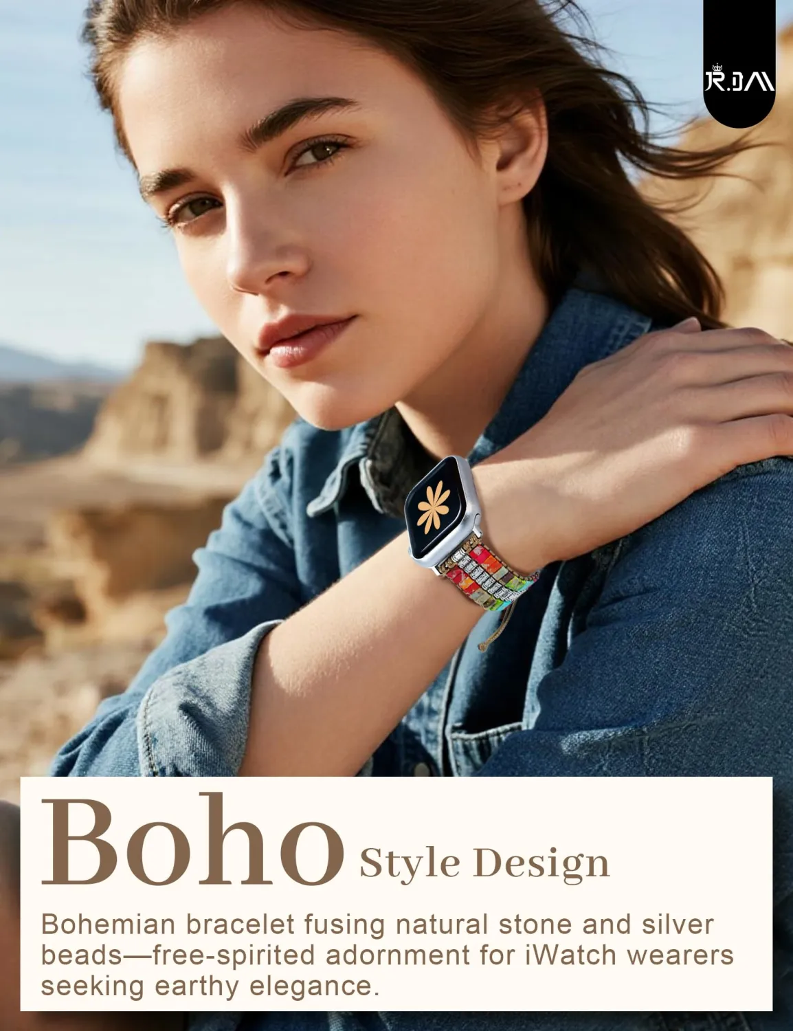 JR.DM Boho Beaded Band Women Compatible with Apple Watch 42(S3/2/1)/44/45/46/49mm Handmade Bracelet Natural Stone Adjustable Braided Strap for iWatch Series 11/10/9/8/7/6/5/4/3/2/1/SE/Ultra Rainbow