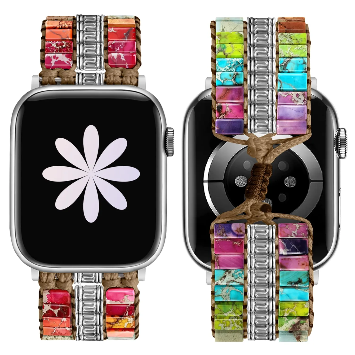 JR.DM Boho Beaded Band Women Compatible with Apple Watch 42(S3/2/1)/44/45/46/49mm Handmade Bracelet Natural Stone Adjustable Braided Strap for iWatch Series 11/10/9/8/7/6/5/4/3/2/1/SE/Ultra Rainbow