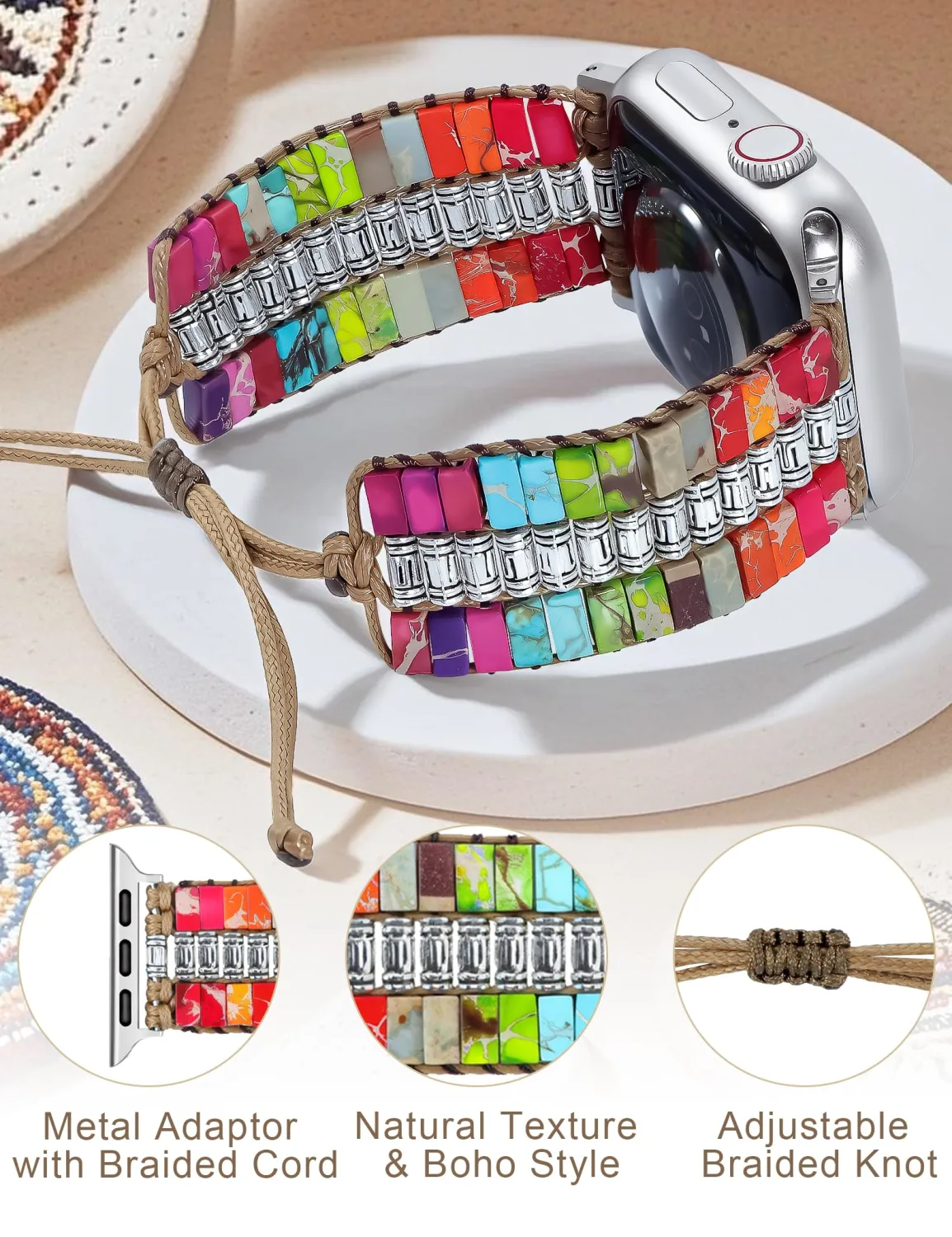JR.DM Boho Beaded Band Women Compatible with Apple Watch 42(S3/2/1)/44/45/46/49mm Handmade Bracelet Natural Stone Adjustable Braided Strap for iWatch Series 11/10/9/8/7/6/5/4/3/2/1/SE/Ultra Rainbow