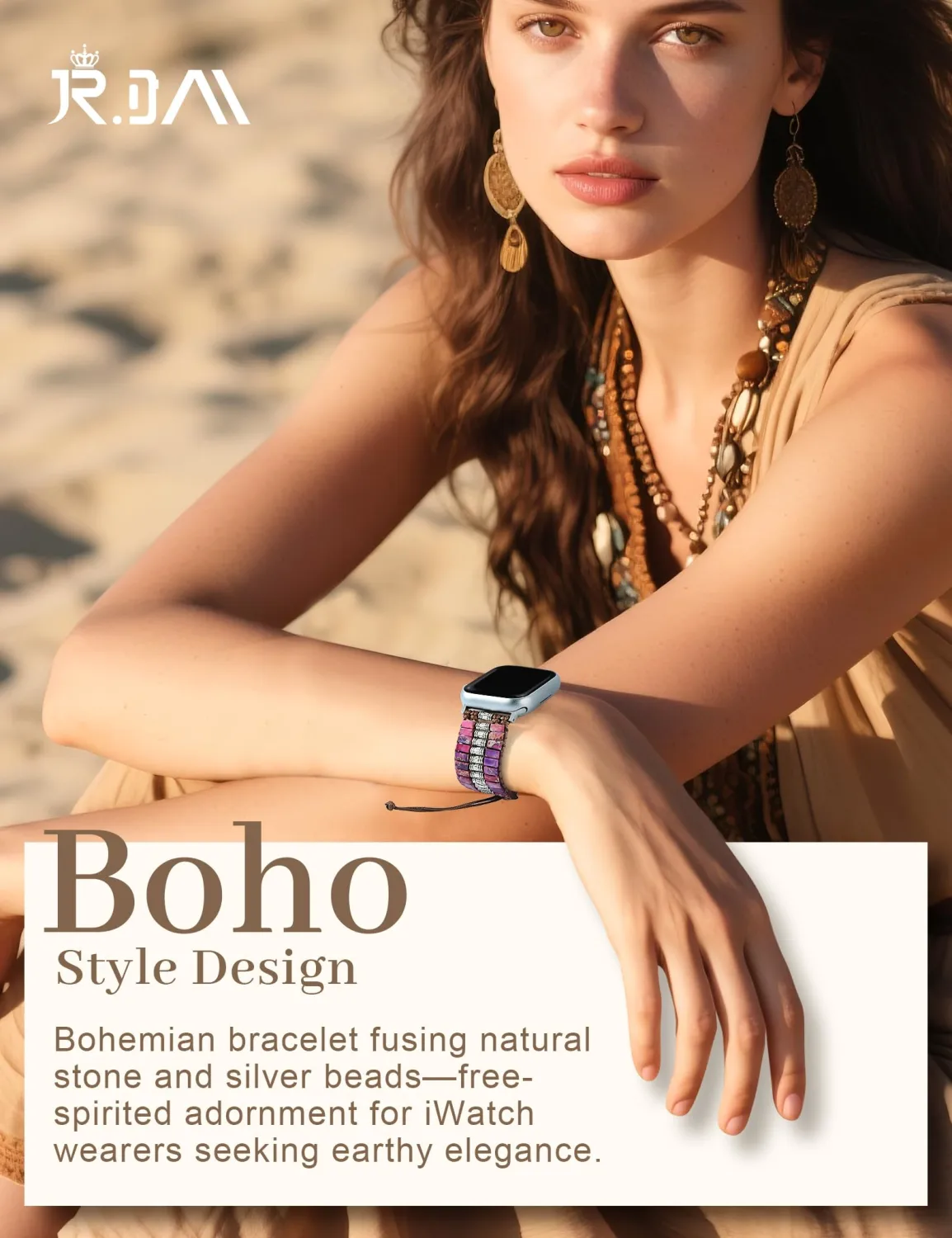 JR.DM Boho Beaded Band Women Compatible with Apple Watch 38/40/41/42mm(S10/11) Handmade Bracelet Natural Stone Adjustable Braided Strap for iWatch Series 11/10/9/8/7/6/5/4/3/2/1/SE 3/2/1 Purple