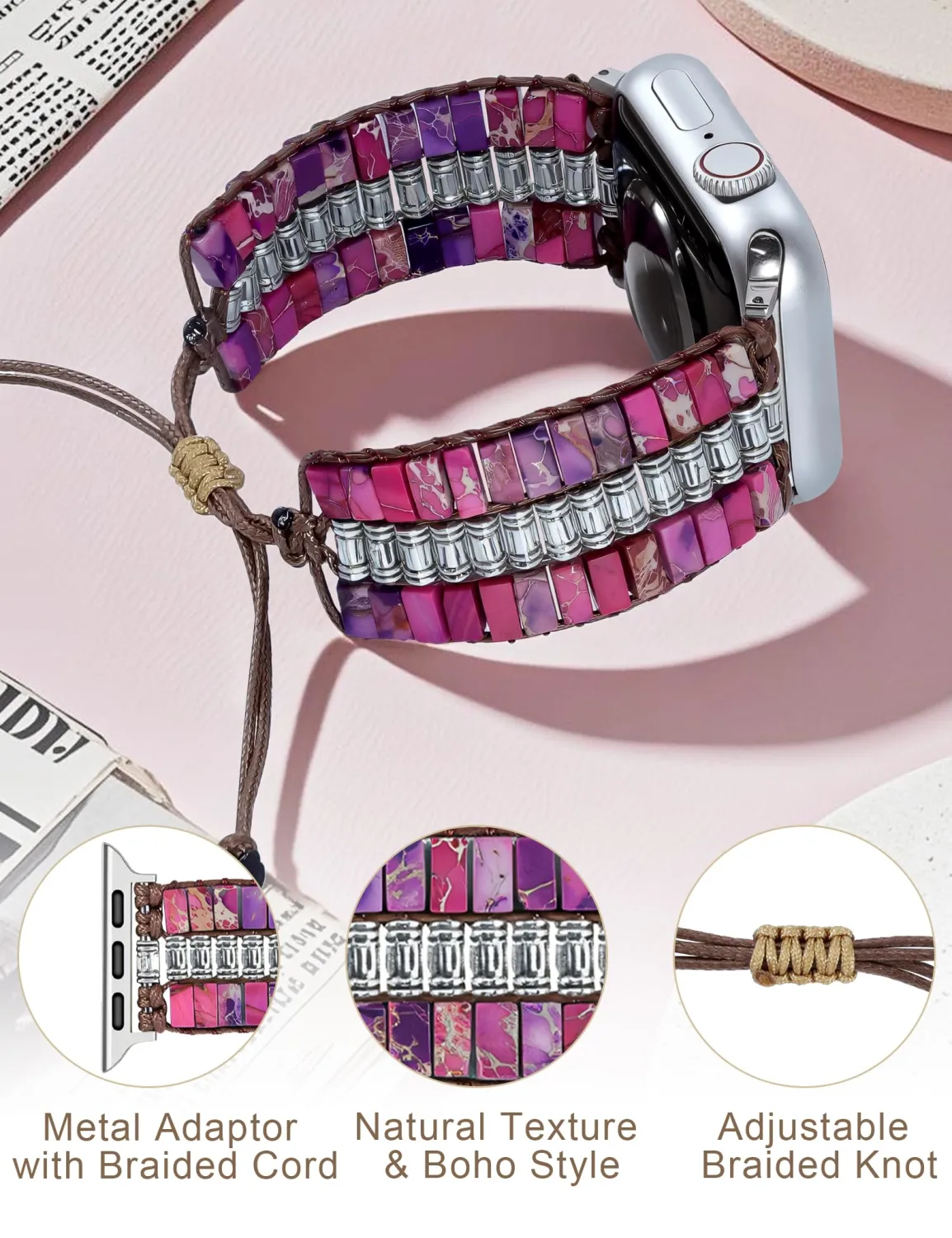 JR.DM Boho Beaded Band Women Compatible with Apple Watch 38/40/41/42mm(S10/11) Handmade Bracelet Natural Stone Adjustable Braided Strap for iWatch Series 11/10/9/8/7/6/5/4/3/2/1/SE 3/2/1 Purple