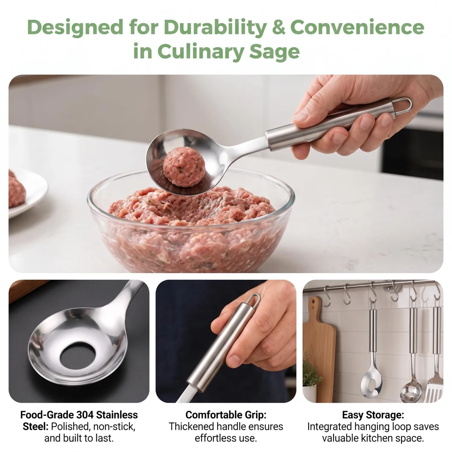 Stainless Steel Meatball Maker Spoon, Meatball Spoons Stainless Steel Meatball Maker Spoon with Hole Convenient Storage Design for Kitchen, Bar & Home Cooking，1 Pcs