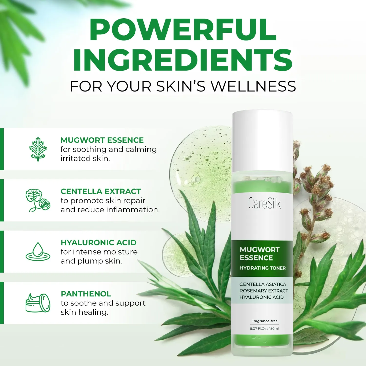 Mugwort Essence,Hydrating Face Toner with Artemisia, Hyaluronic Acid, Centella Asiatica & Rosemary Extract - Deep Moisturizing Skin Care & Barrier Protection Face Mist - 150 ml