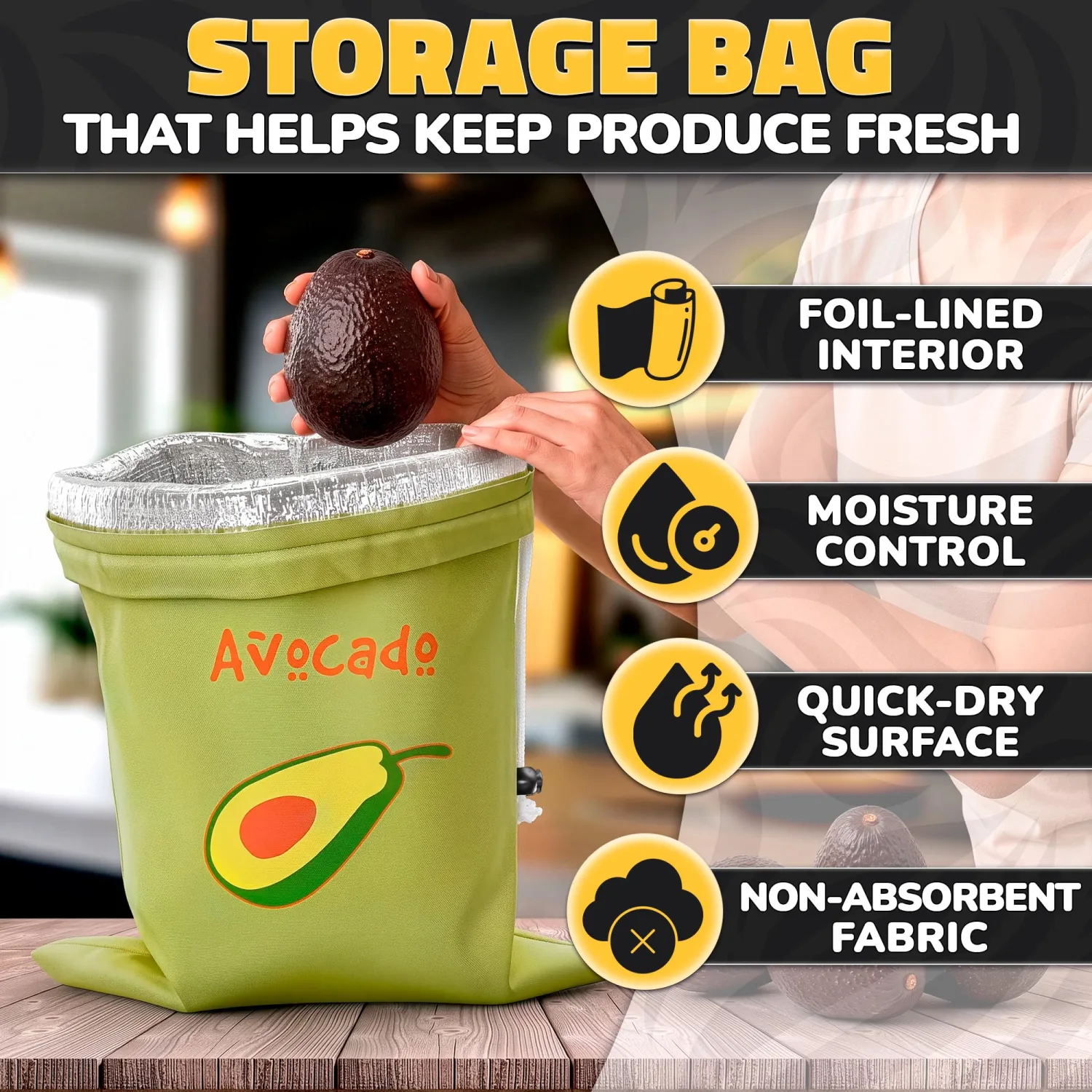 Avocado Storage Bag, 13.8 x 10.6 in, Reusable Produce Bags for Fridge