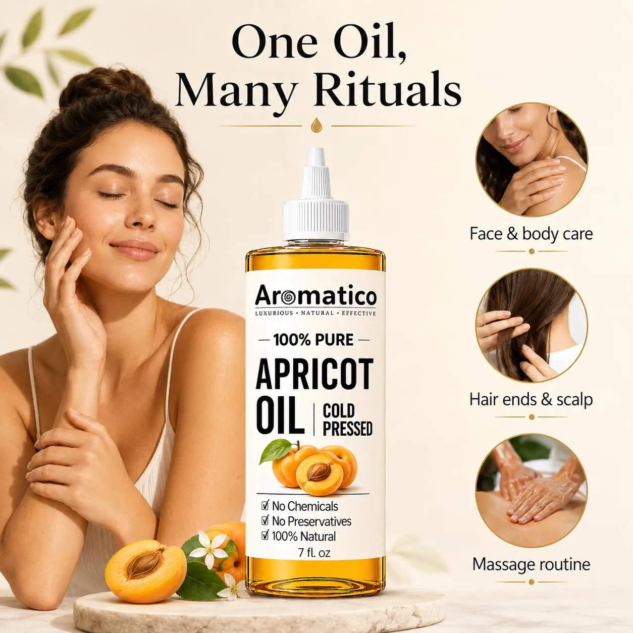 Aromatico Apricot Kernel Oil, Cold-Pressed Apricot Oil for Skin, 7 Fl Oz