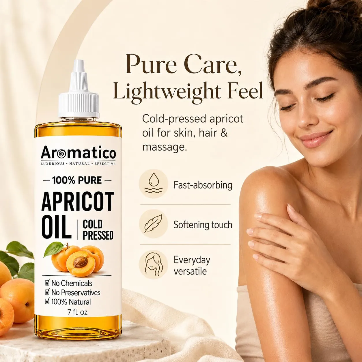 Aromatico Apricot Kernel Oil, Cold-Pressed Apricot Oil for Skin, 7 Fl Oz