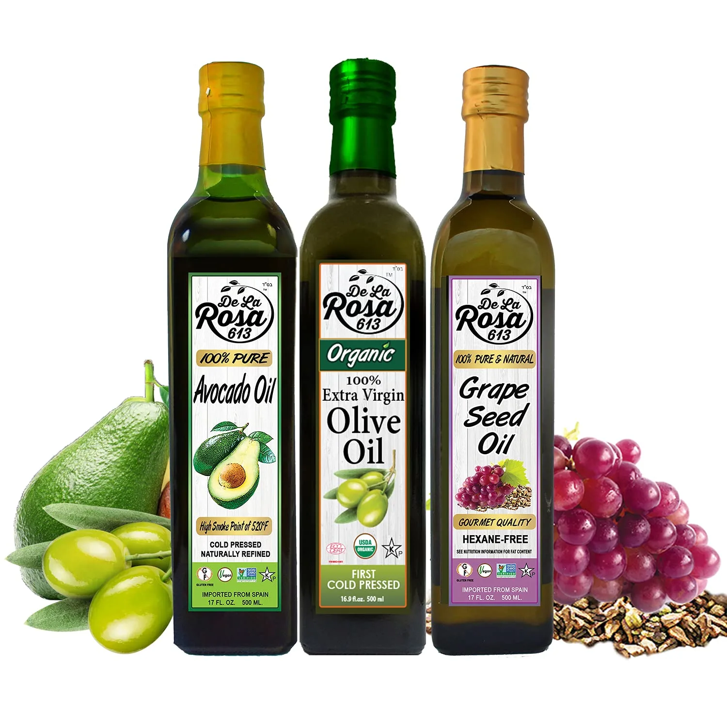 De La Rosa Organic Extra Virgin Olive, Avocado & Grape Seed Oil Combo