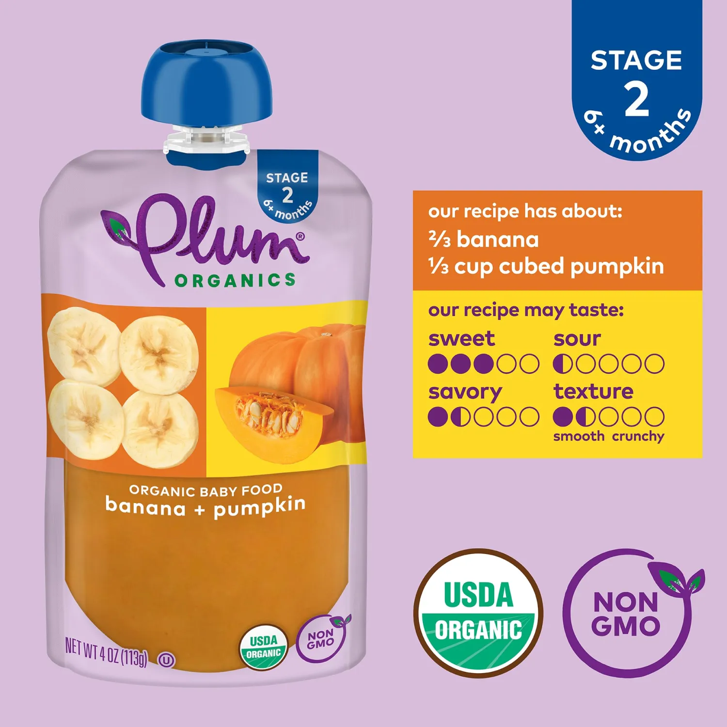 Plum Organics Stage 2 Organic Baby Food - Banana and Pumpkin - Organic Fruit and Vegetable Baby Food Pouch - 4 oz Pouch (Pack of 4)