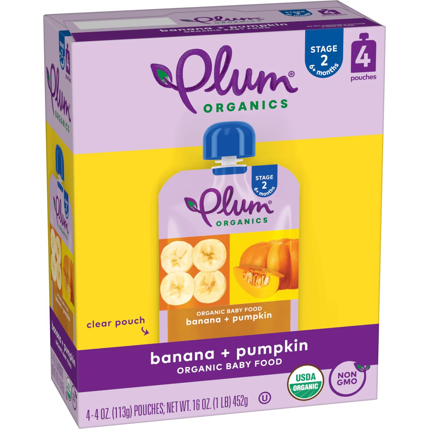 Plum Organics Stage 2 Organic Baby Food - Banana and Pumpkin - Organic Fruit and Vegetable Baby Food Pouch - 4 oz Pouch (Pack of 4)