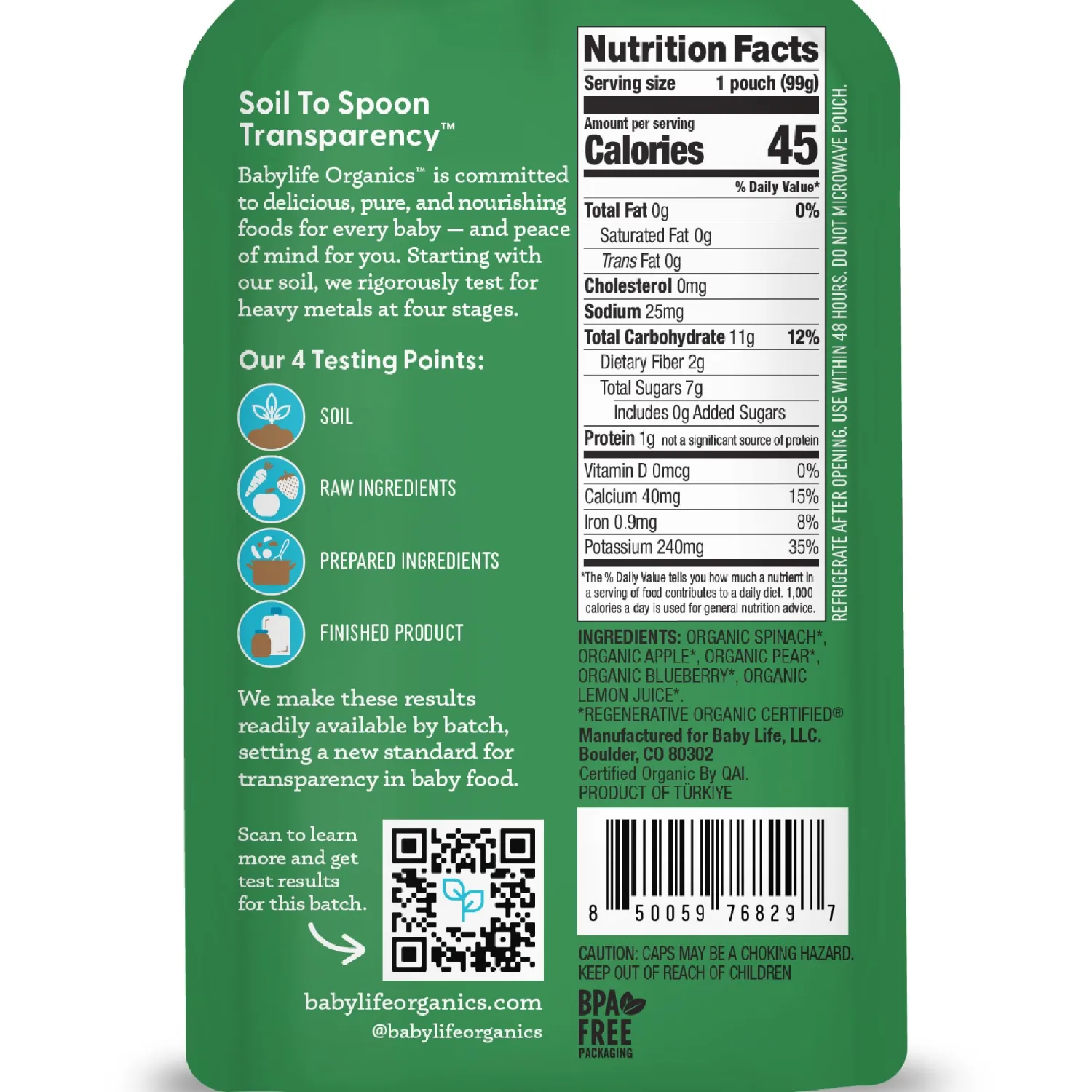 Babylife Organics Stage 2 - Spinach, Apple, Pear & Blueberry, 3.5 Ounce Pouch (1 Pack) - Heavy Metal Safe, Organic Baby Food