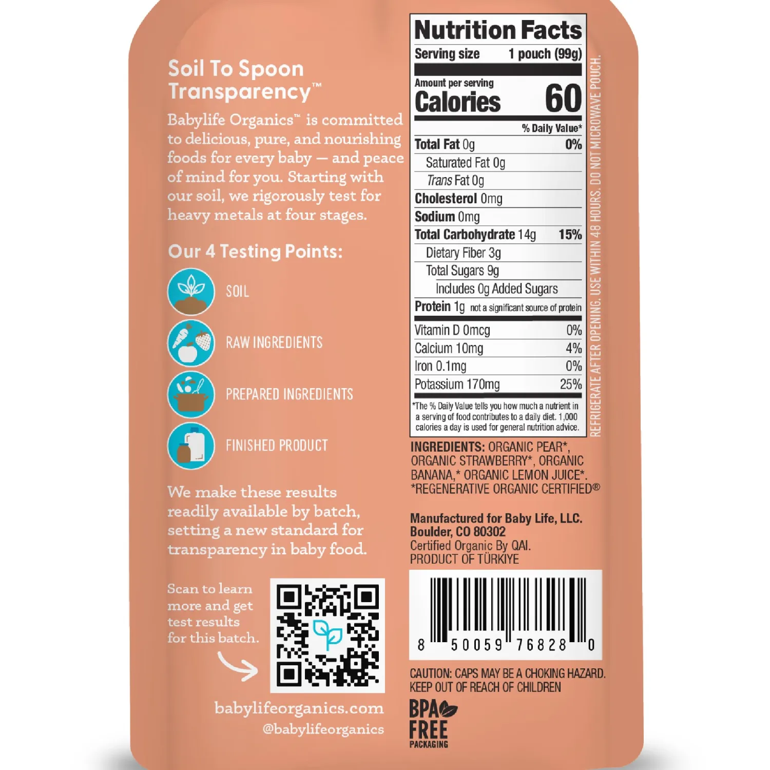 Babylife Organics Stage 2 - Pear, Strawberry & Banana, 3.5 Ounce Pouch (1 Pack) - Heavy Metal Safe, Organic Baby Food
