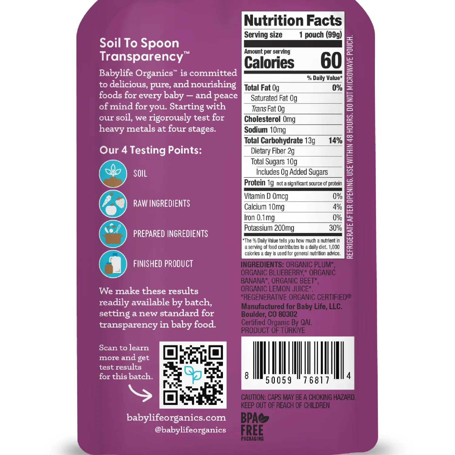 Babylife Organics Stage 2 - Plum, Blueberry, Banana & Beet, 3.5 Ounce Pouch (1 Pack) - Heavy Metal Safe, Organic Baby Food