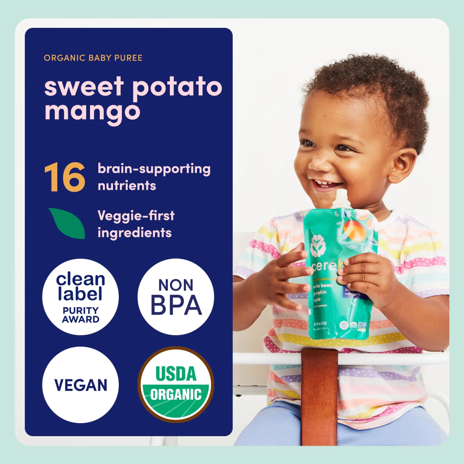 Cerebelly Organic Baby Food Pouches, Sweet Potato Mango Purees, 16 Nutrients, No Added Sugar, Fiber & Non-GMO, 4oz, 1 Count