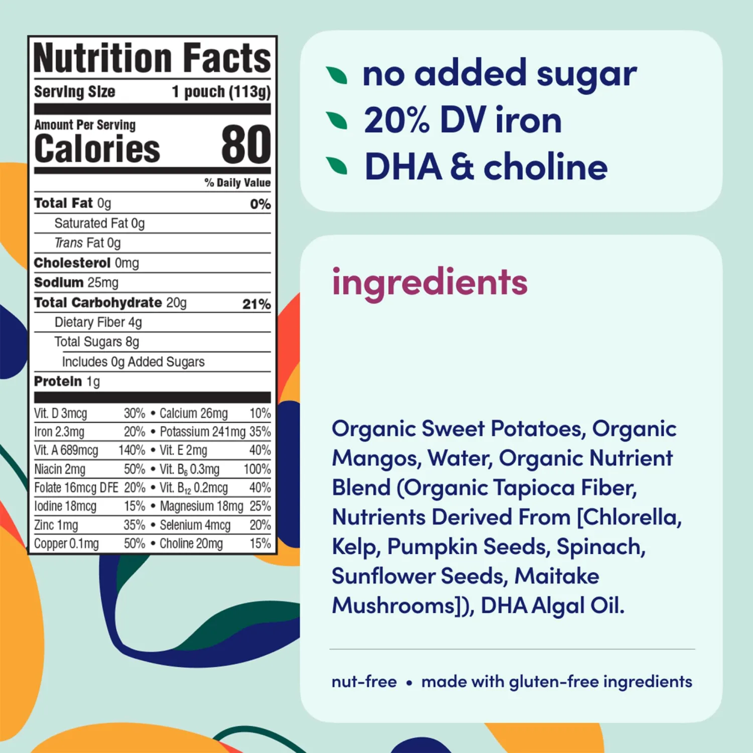 Cerebelly Organic Baby Food Pouches, Sweet Potato Mango Purees, 16 Nutrients, No Added Sugar, Fiber & Non-GMO, 4oz, 1 Count