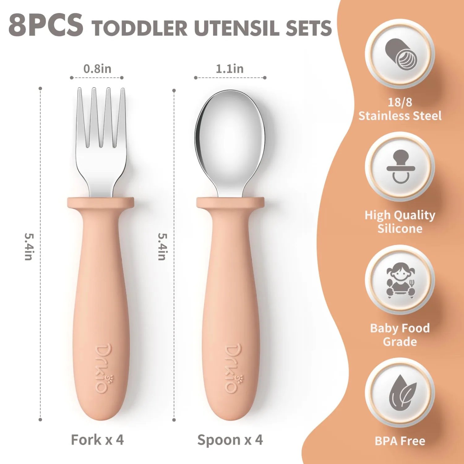 DRKIO 8 Pcs Toddler Utensils Set Kids Silverware with Forks and Spoons