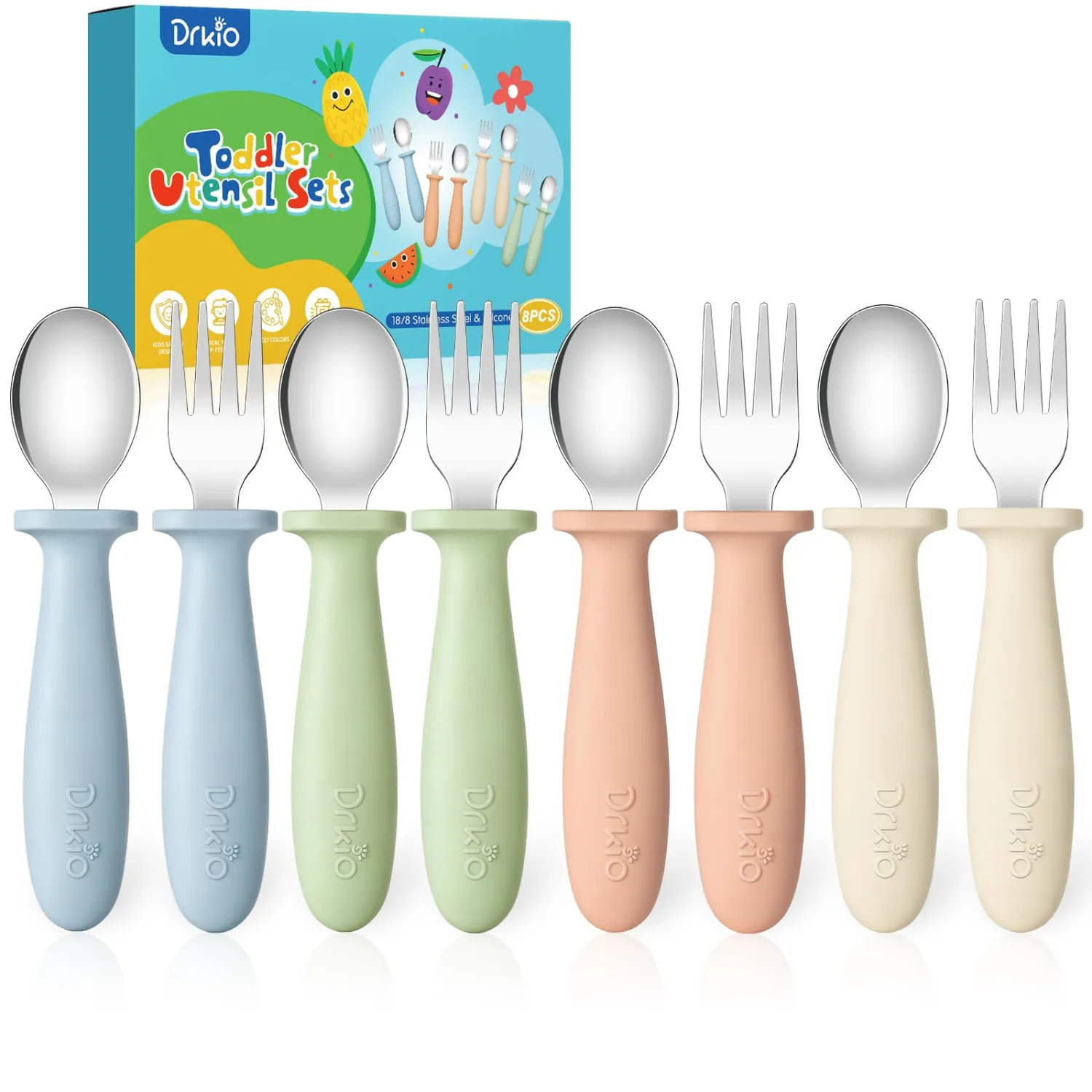 DRKIO 8 Pcs Toddler Utensils Set Kids Silverware with Forks and Spoons