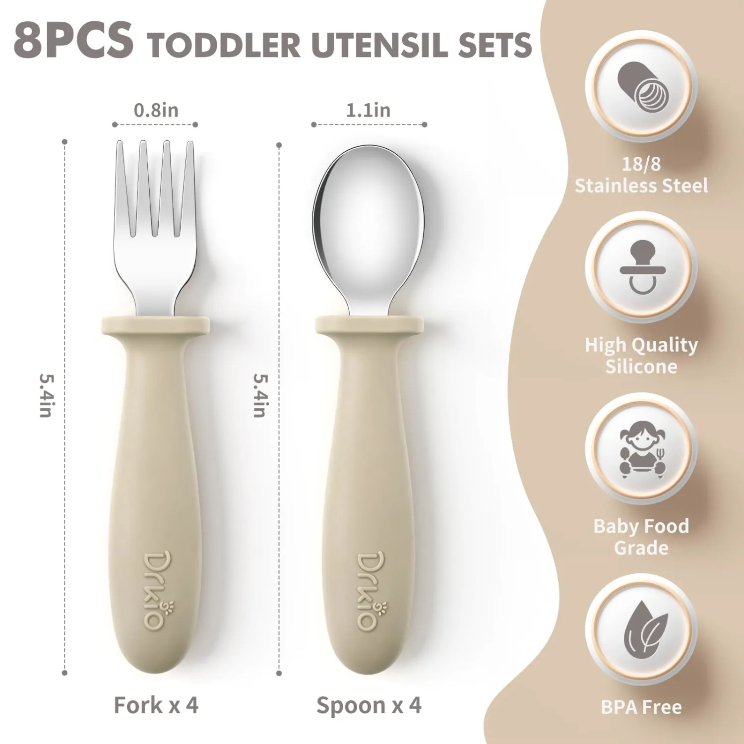 DRKIO 8 Pcs Toddler Utensils Set Kids Silverware with Forks and Spoons