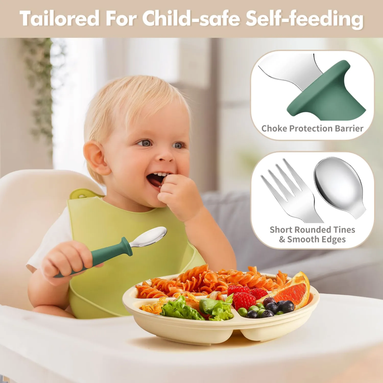 DRKIO 8 Pcs Toddler Utensils Set Kids Silverware with Forks and Spoons