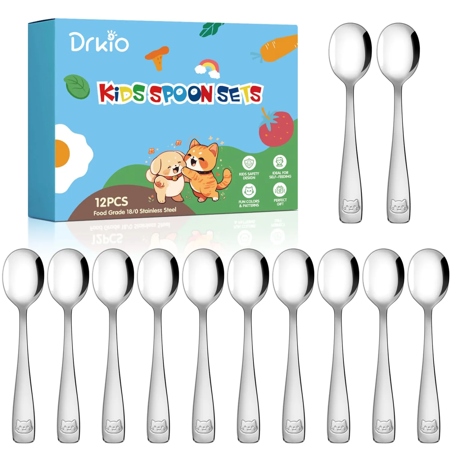 DRKIO 12Pcs Stainless Steel Toddler Spoons Set Small Metal Kids Silverware