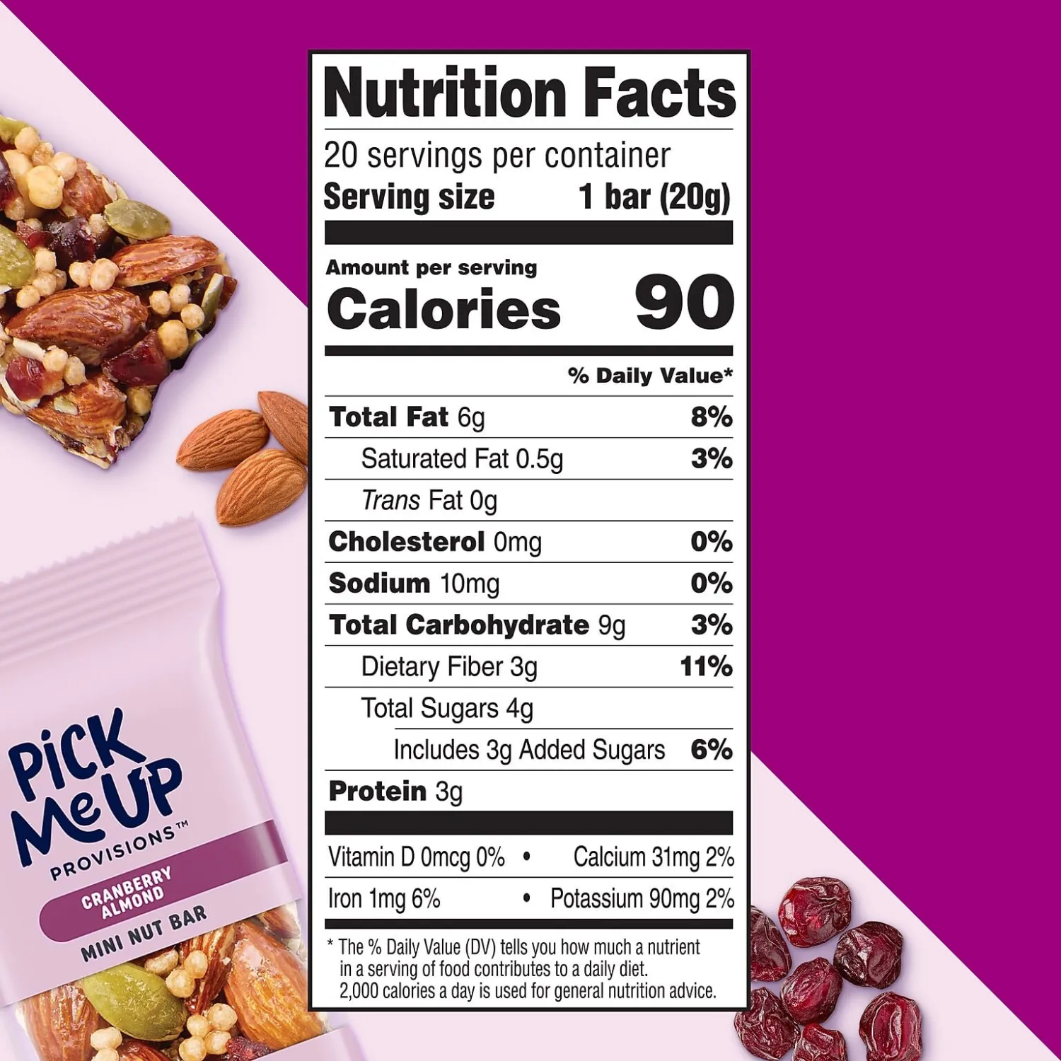 Pick Me Up Provisions Mini Cranberry Almond Nut Bar, 0.71 oz, 20/Bx