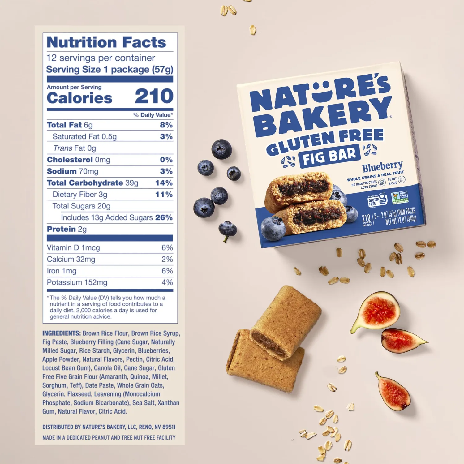 Nature’s Bakery Gluten Free Blueberry Fig Bars, Real Fruit, Nut Free, 12 Pack