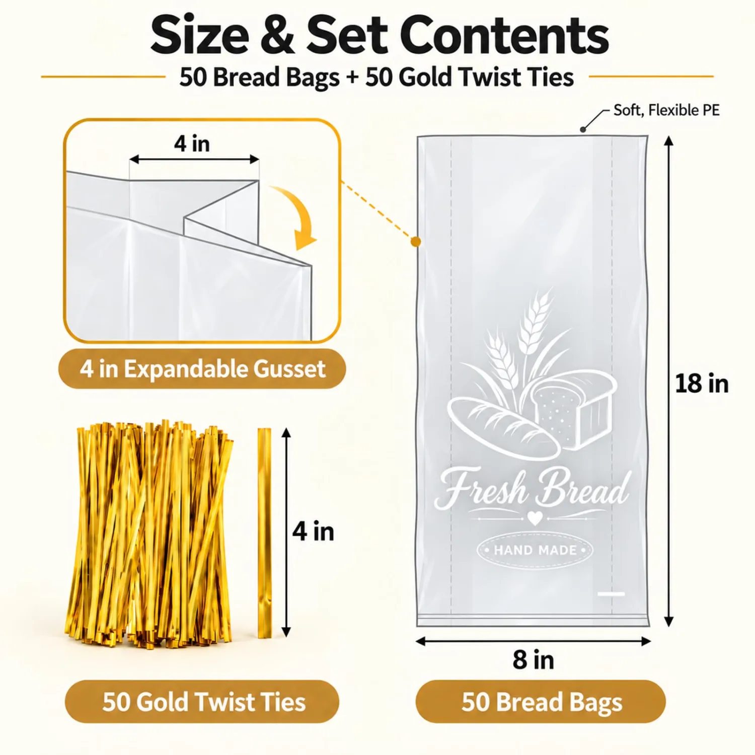 [50 Pcs] Bread Loaf Bags for Homemade Bread, 8x4x18 Inches Bakery Bags