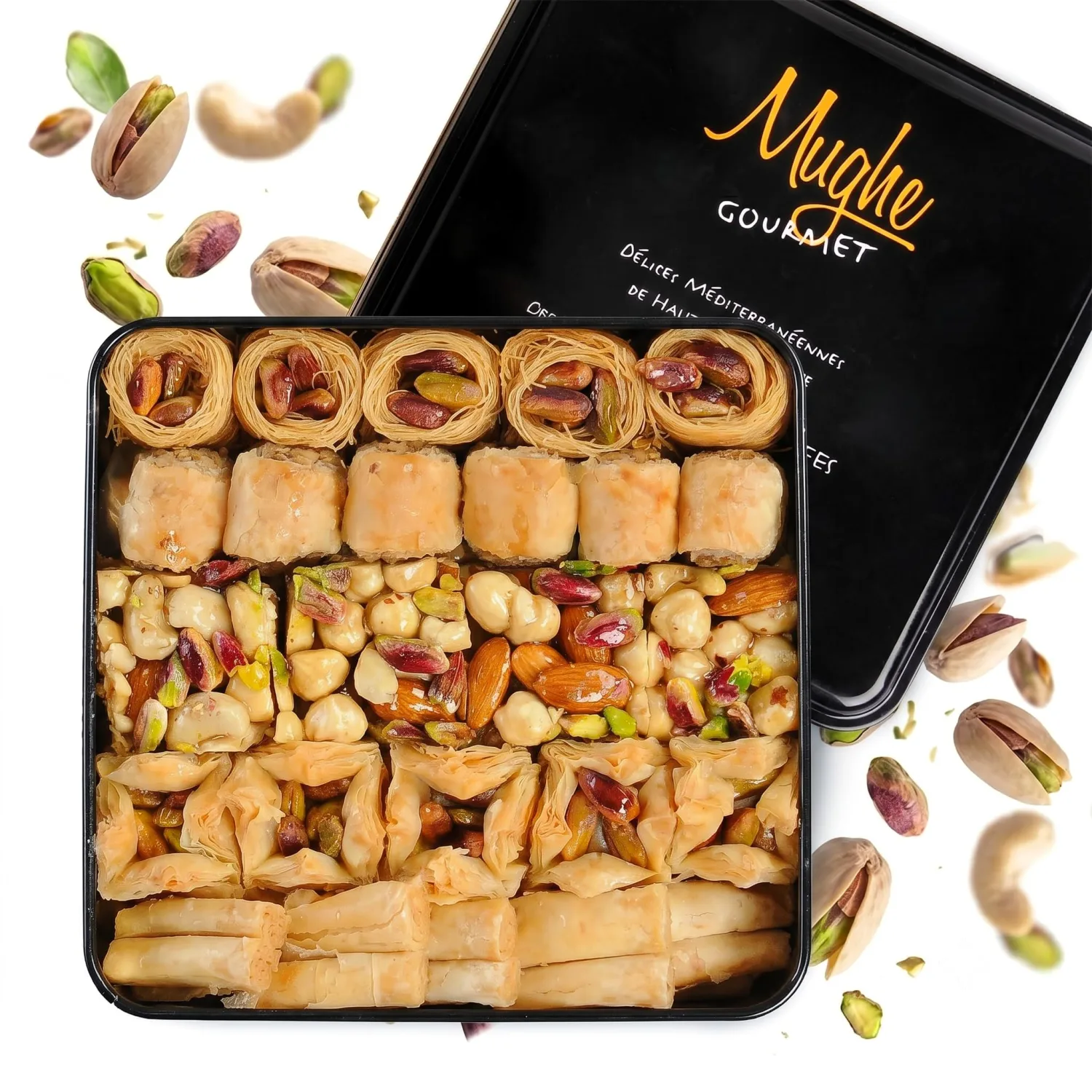 Mughe Gourmet Pistachio Baklava Assortment Metal Gift Box 385g 0.85lb