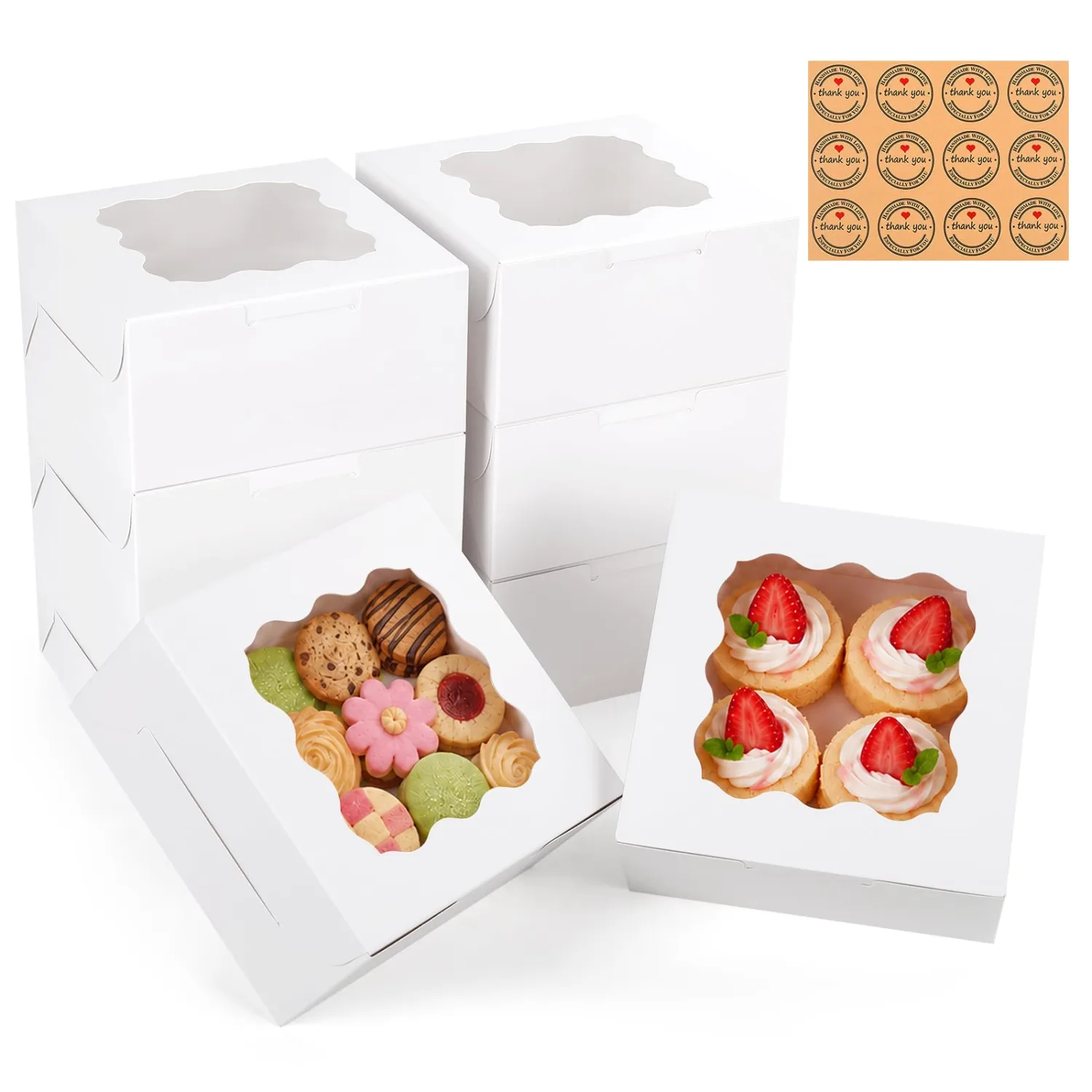 8 Pack Cookie Boxes with Window, 6x6x3 Inch Dessert Doxes, White Bakery Boxes with Window and 12 Pcs Stickers for Cinnamon Roll Packaging, Cookie Containers Boxes for Gift Giving, Donuts, Pastries