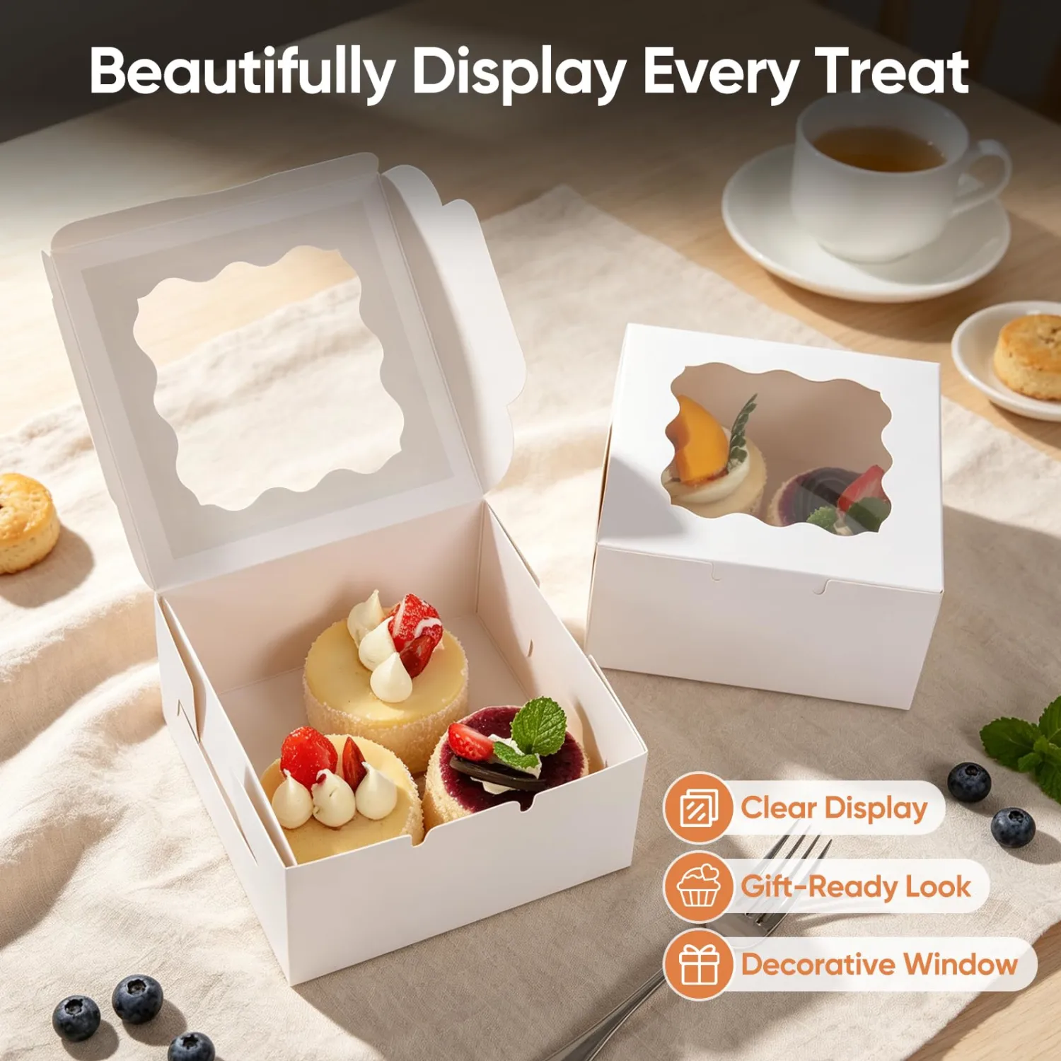 8 Pack Cookie Boxes with Window, 6x6x3 Inch Dessert Doxes, White Bakery Boxes with Window and 12 Pcs Stickers for Cinnamon Roll Packaging, Cookie Containers Boxes for Gift Giving, Donuts, Pastries