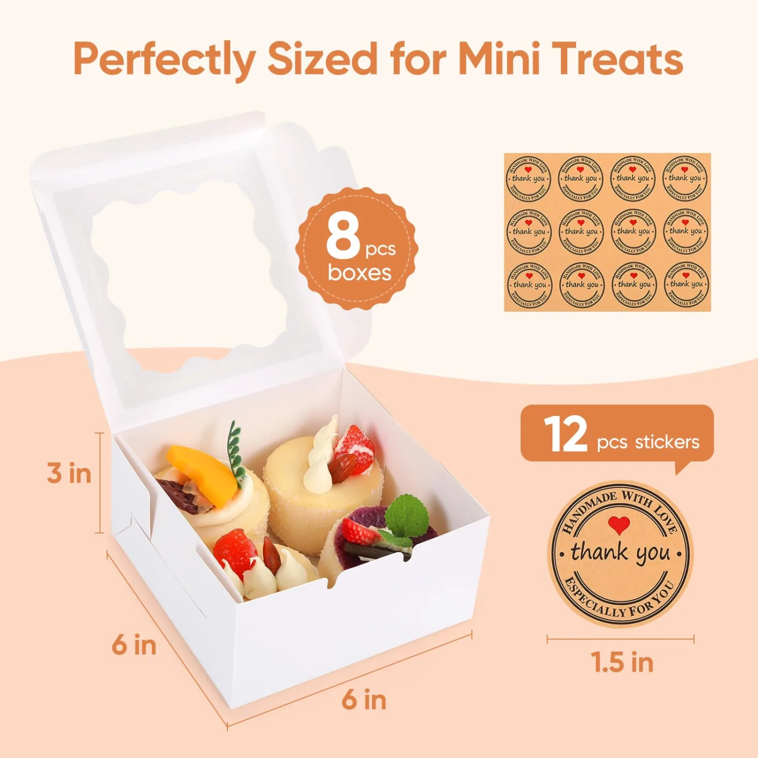 8 Pack Cookie Boxes with Window, 6x6x3 Inch Dessert Doxes, White Bakery Boxes with Window and 12 Pcs Stickers for Cinnamon Roll Packaging, Cookie Containers Boxes for Gift Giving, Donuts, Pastries