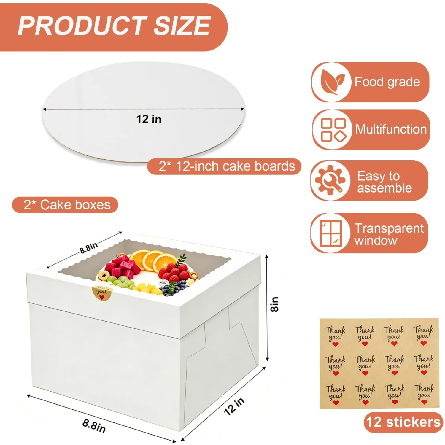 2 Pack Cake Boxes with Window, 12x12x8 Inch, Cake Carrier with Lids