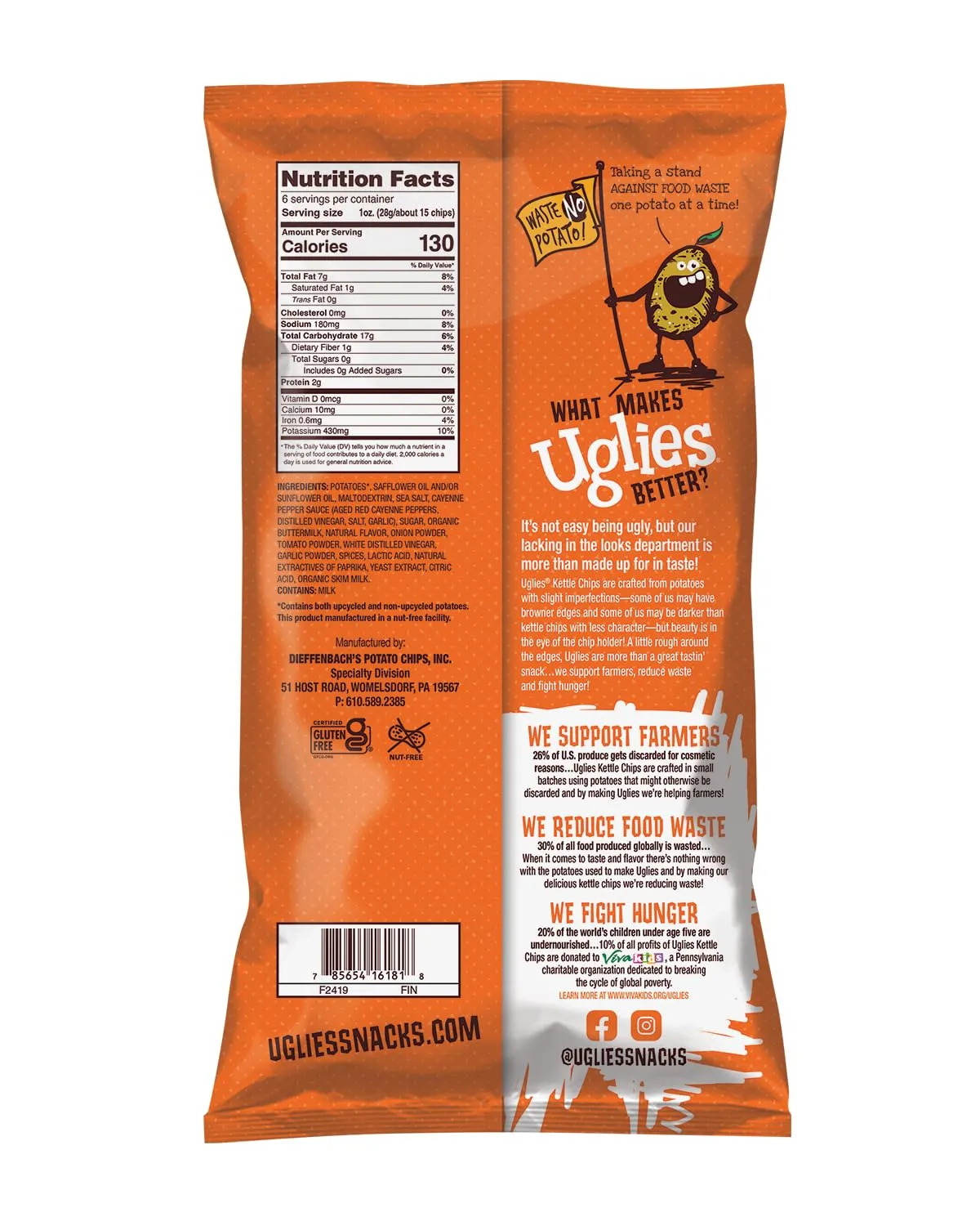 UGLIES Buffalo Ranch Kettle-Cooked Potato Chips, Gluten-Free Snacks, Kosher-Friendly Chips, Non-GMO Snacks for Kids or Office, Lunch Snacks, Individual Snack Packs, 6 Oz. Bags, Pack of 12