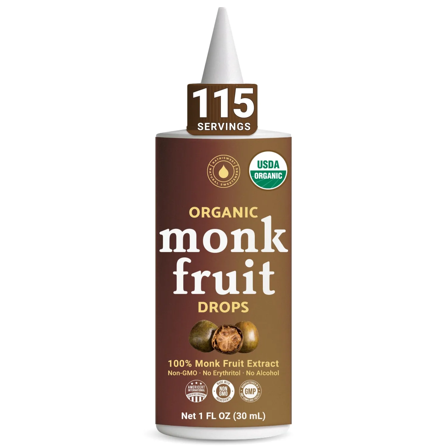 Organic Monk Fruit Liquid Sweetener Drops, 100% Pure Extract, Zero Sugar & No Erythritol, Non-GMO, Unflavored Liquid Monk Fruit for Coffee, Tea, Drinks & Baking, 1 fl oz