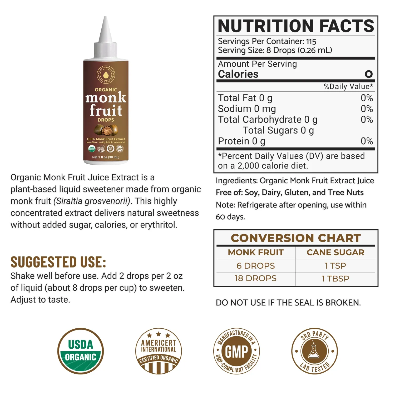Organic Monk Fruit Liquid Sweetener Drops, 100% Pure Extract, Zero Sugar & No Erythritol, Non-GMO, Unflavored Liquid Monk Fruit for Coffee, Tea, Drinks & Baking, 1 fl oz