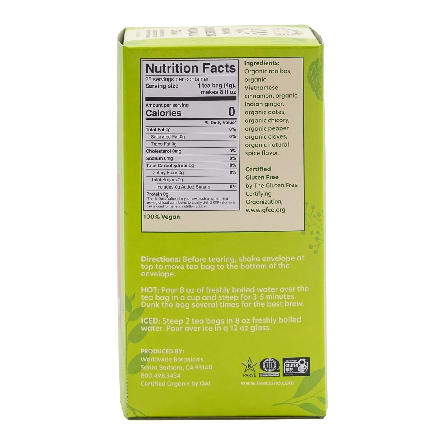Worldwide Botanicals Rooibos Masala Chai Herbal Tea, 25 Tea Bags - Organic, Caffeine Free, Kosher, 50% More Herbs