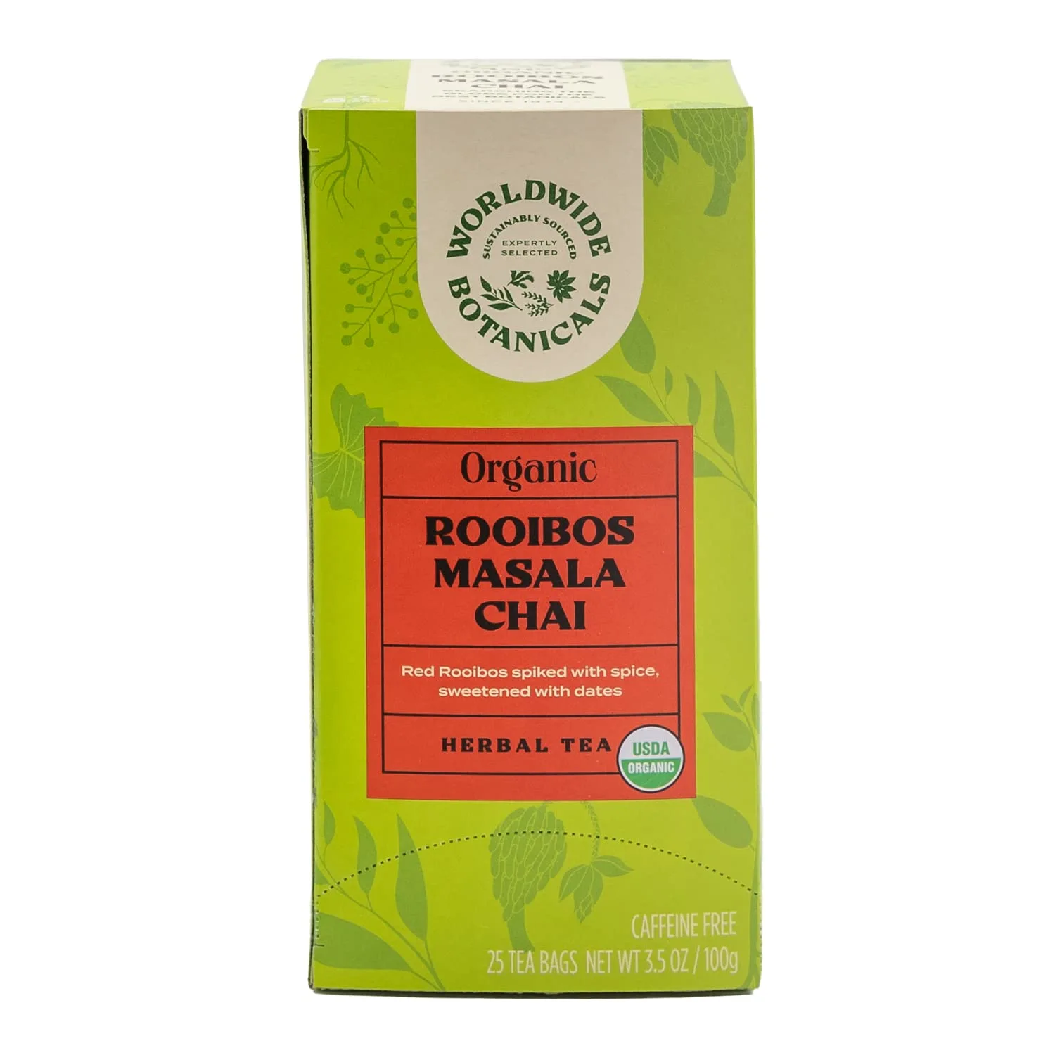 Worldwide Botanicals Rooibos Masala Chai Herbal Tea, 25 Tea Bags - Organic, Caffeine Free, Kosher, 50% More Herbs
