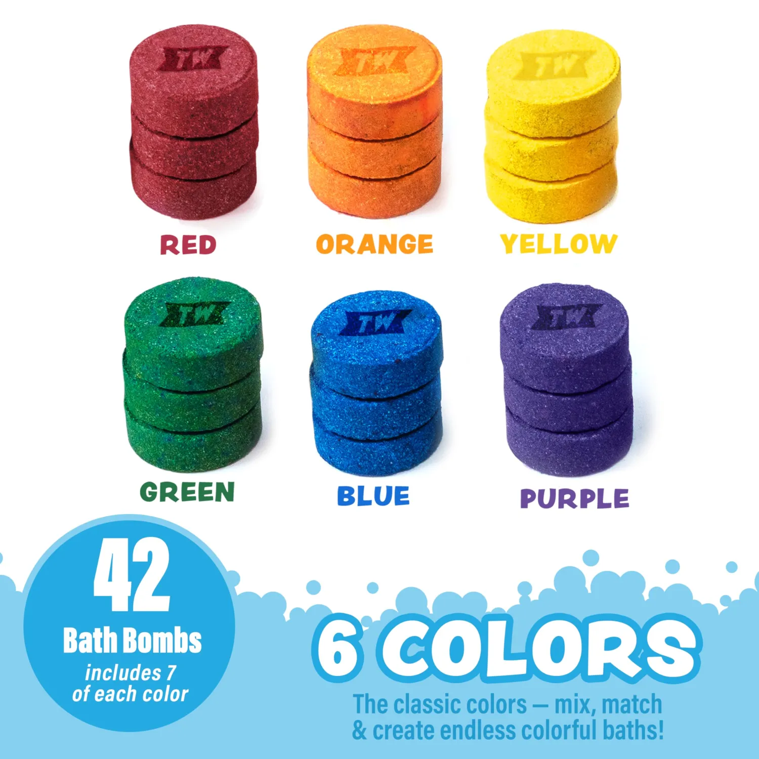 Tub Works® Bath Color Pops™ Moisturizing Kids Bath Bombs, 42 Count | Bath Bomb Refills for Bath Color Brush | Nontoxic & Fragrance-Free | 6 Unique Colors | Fizzy, Vibrant Water Color Tablets