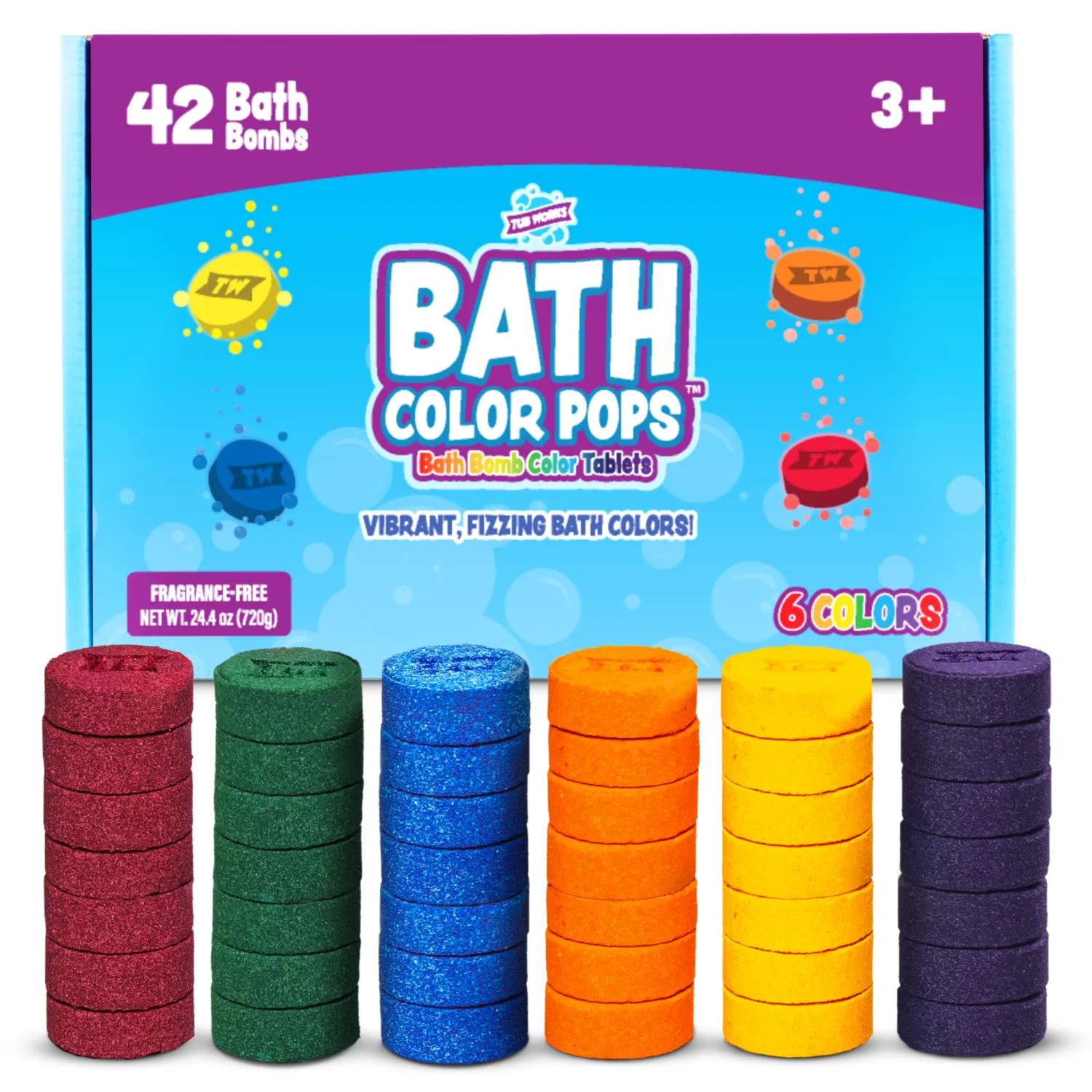 Tub Works® Bath Color Pops™ Moisturizing Kids Bath Bombs, 42 Count | Bath Bomb Refills for Bath Color Brush | Nontoxic & Fragrance-Free | 6 Unique Colors | Fizzy, Vibrant Water Color Tablets