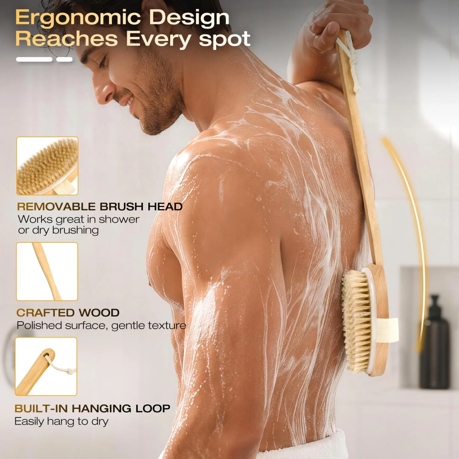 Dry Brushing Body Brush with Long Handle, Natural Bristle Back Brush