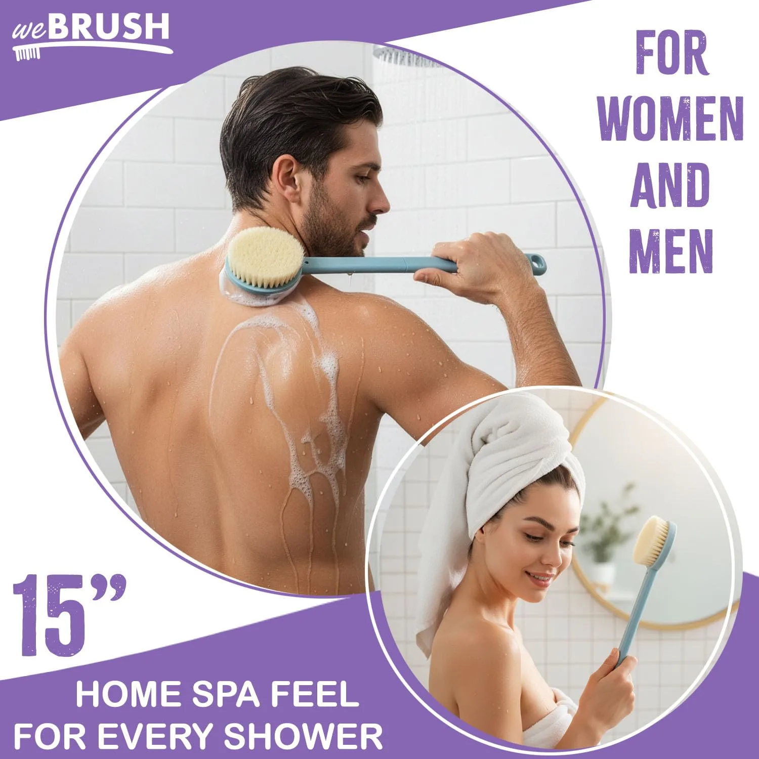 Bath Body Brush for Women & Men, Back Scrubber Shower Brush Exfoliating Back, Body and Feet Scrubbing Soft Nylon Bristles, 15inch Long Handle