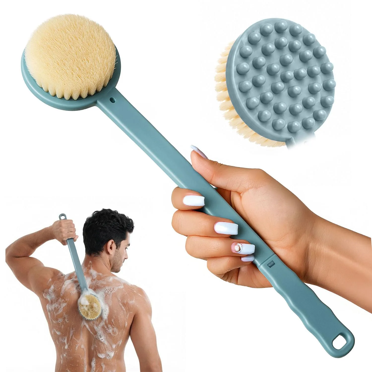Bath Body Brush for Women & Men, Back Scrubber Shower Brush Exfoliating Back, Body and Feet Scrubbing Soft Nylon Bristles, 15inch Long Handle