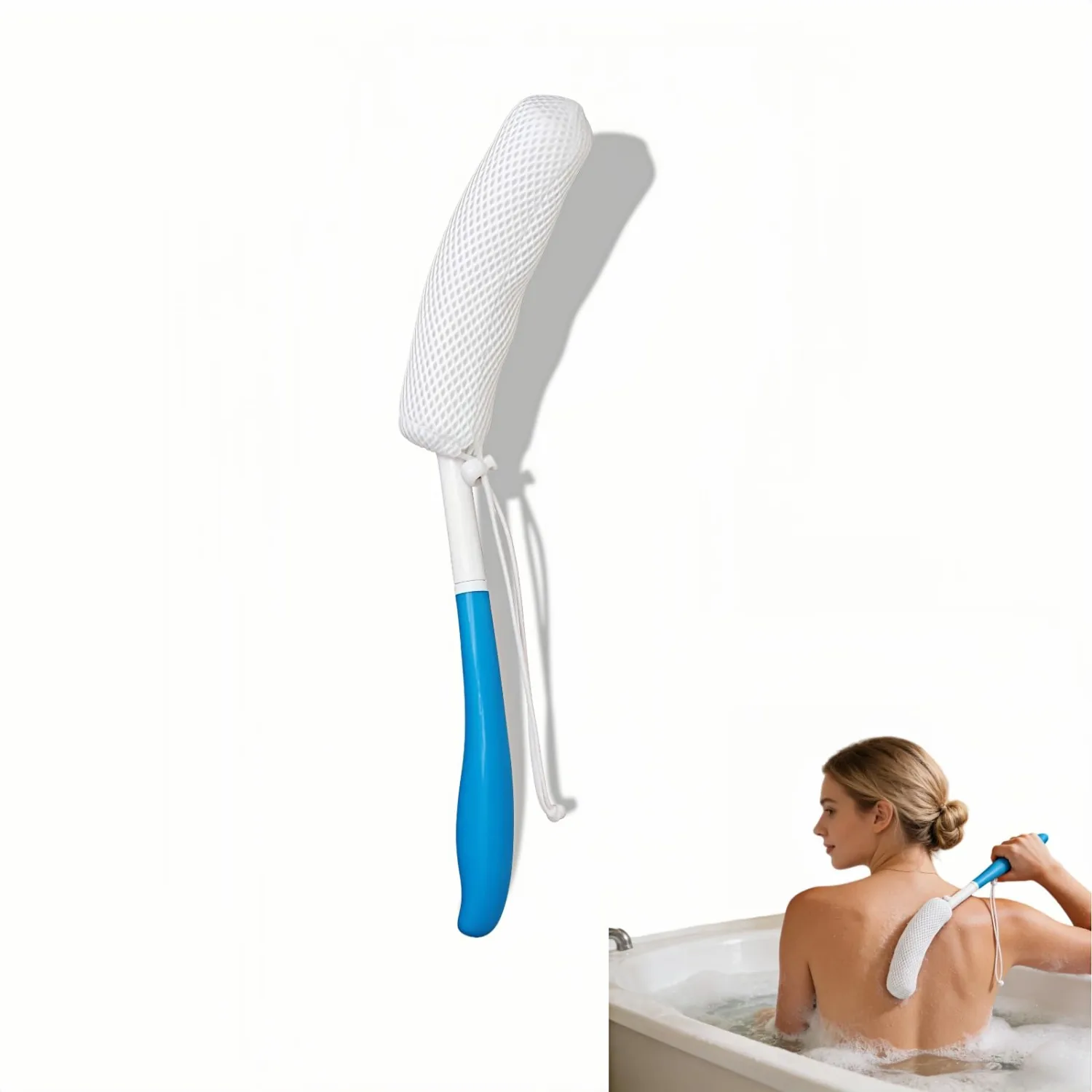 Long Handle Bath Brush for Elderly, Shower Scrubber for Back Exfoliation, Non-Slip Grip for Seniors & Pregnant Women, 15.35 Inch Body Scrubber for Effortless Independence, Blue